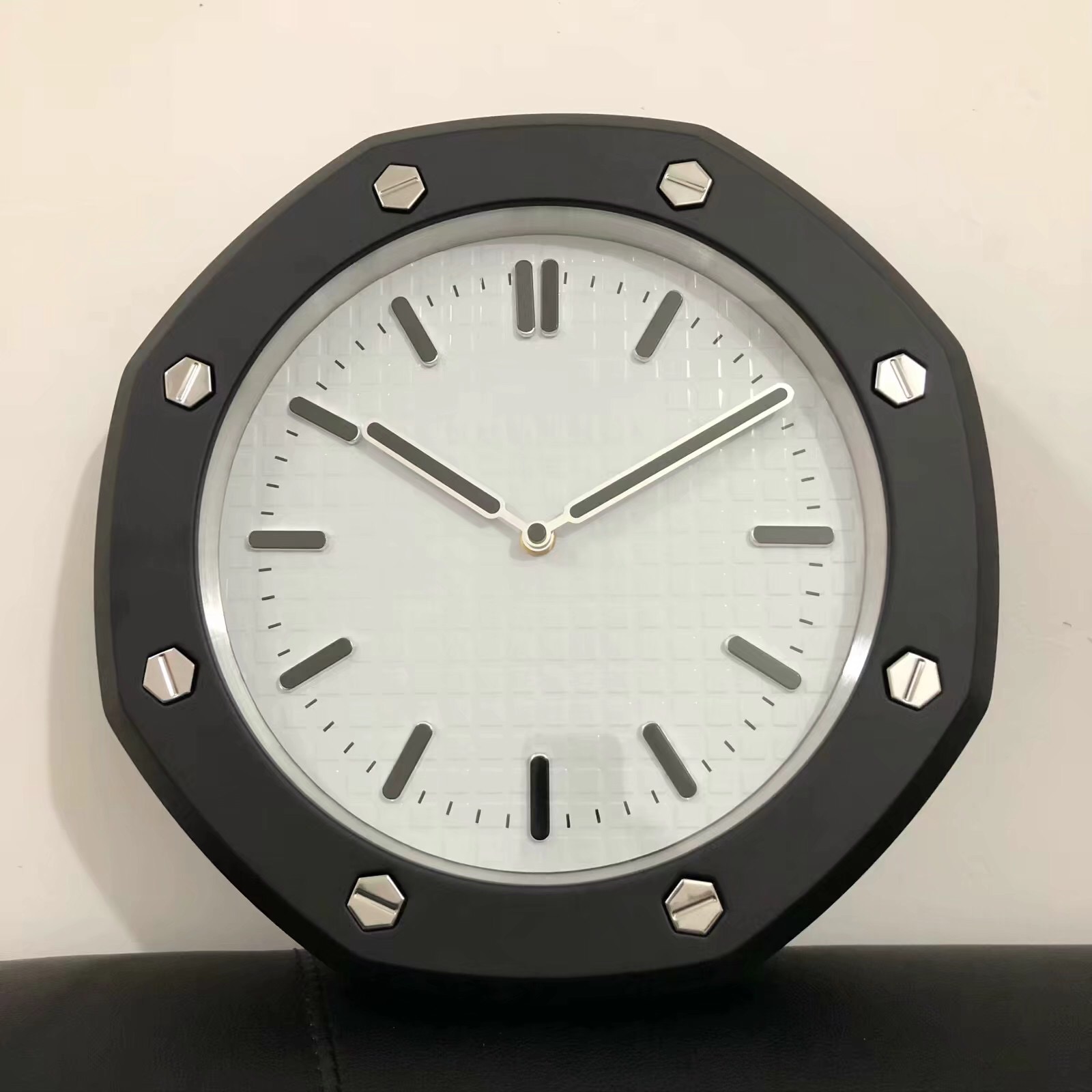 AP Royal-Oak Battery Wall Clock White Face Silver Numerals - Click Image to Close